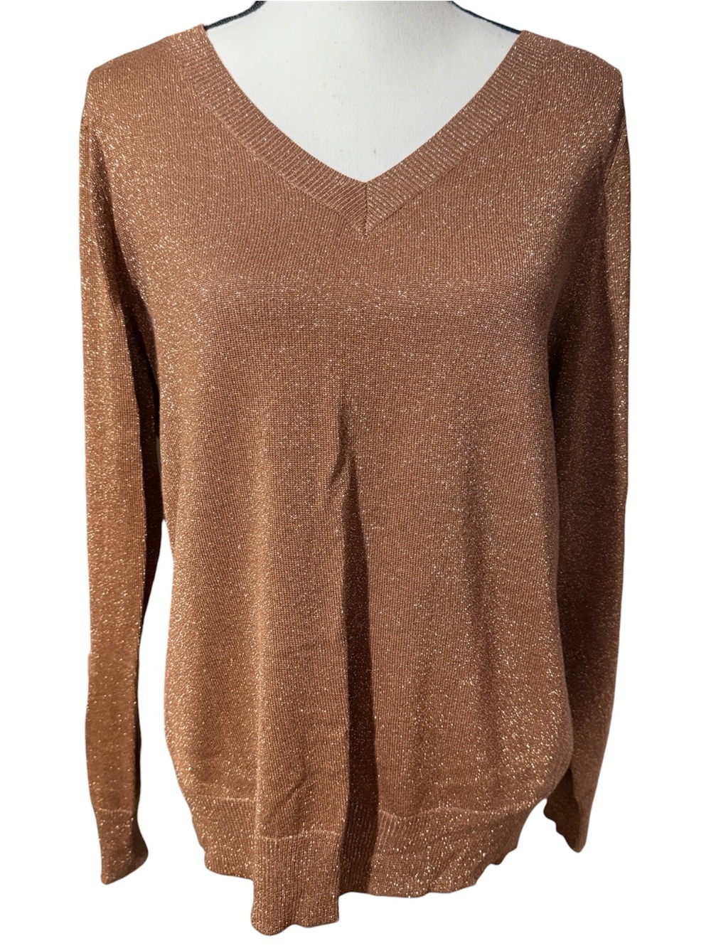 Lane Bryant V-Neck Shimmer Knit Sweater in Metallic Copper, size 14/16